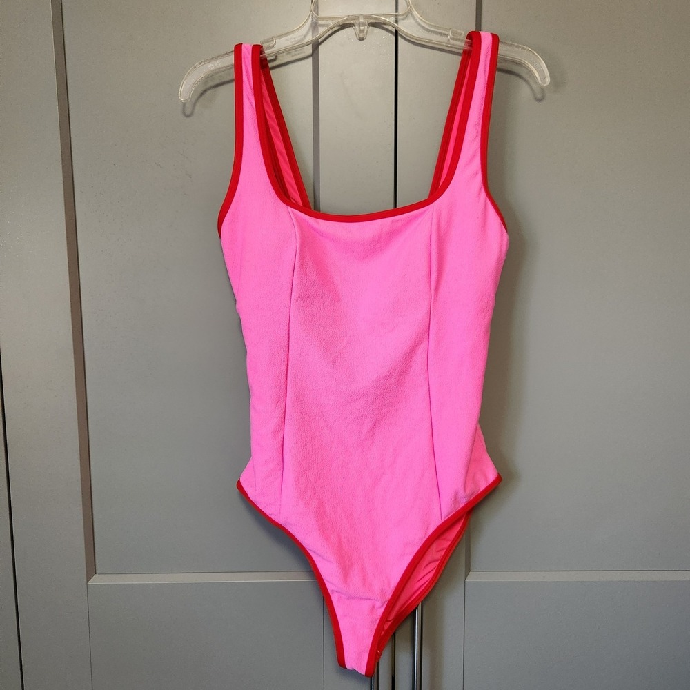 New L Beach Riot Caia One Piece Electric Pink Hot Swimsuit Red Trim Large